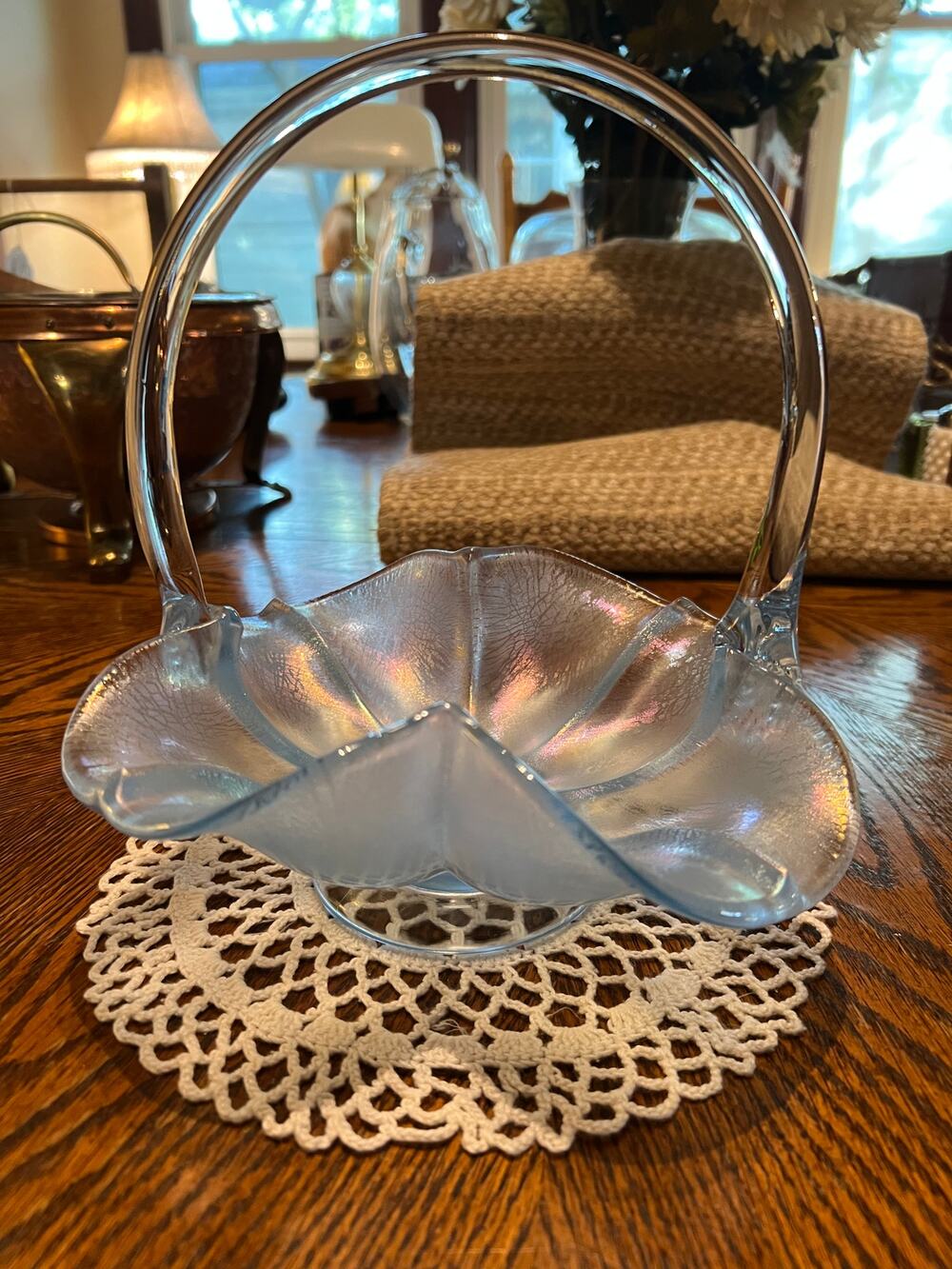 Vintage Fenton Glass Ice Blue Iridescent Basket with Handle, 8.5" Tall